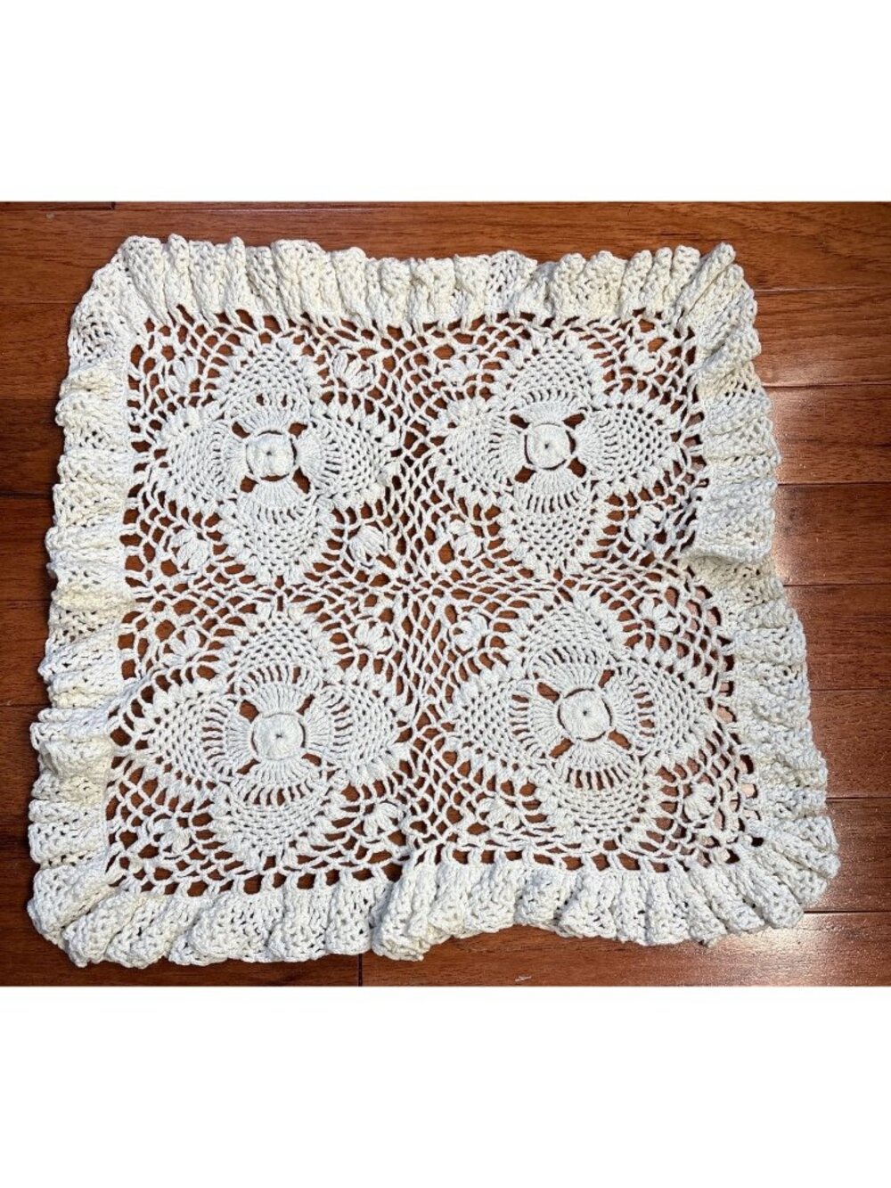 Handmade Crochet Lace Doily 14 X 16" Cream Floral Pattern Square Ruffled Edges